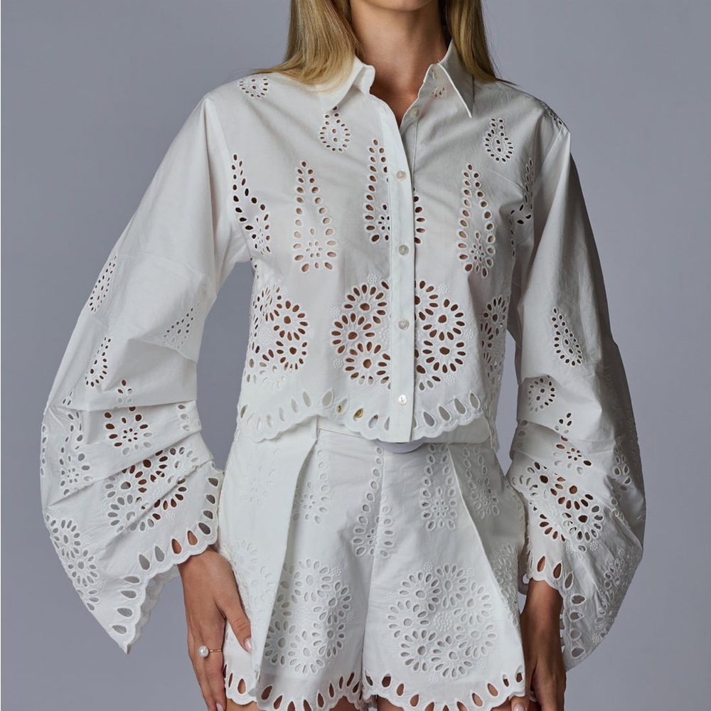 White Eyelet Button-Down Cotton Shirt